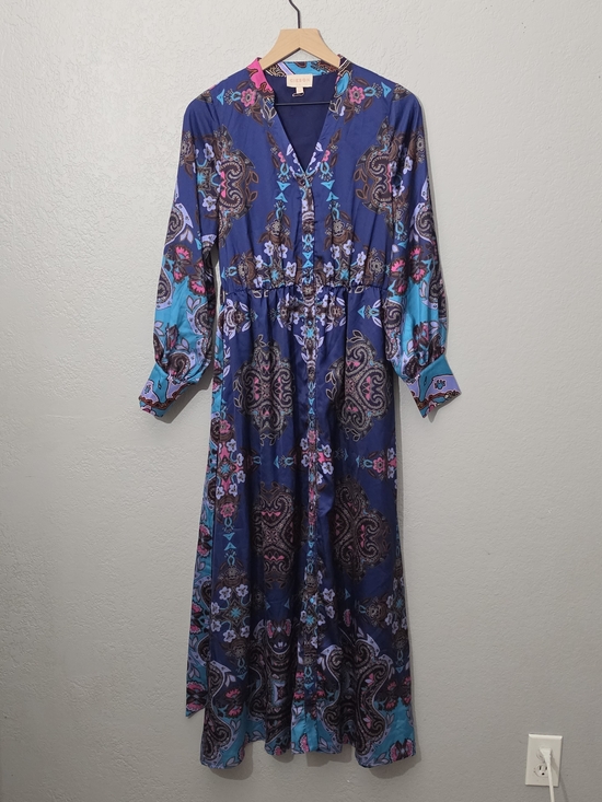 Ciebon Dresses & Skirts - Ciebon Nora Print Long Sleeve Maxi Shirt Dress Navy Button Down Women Large